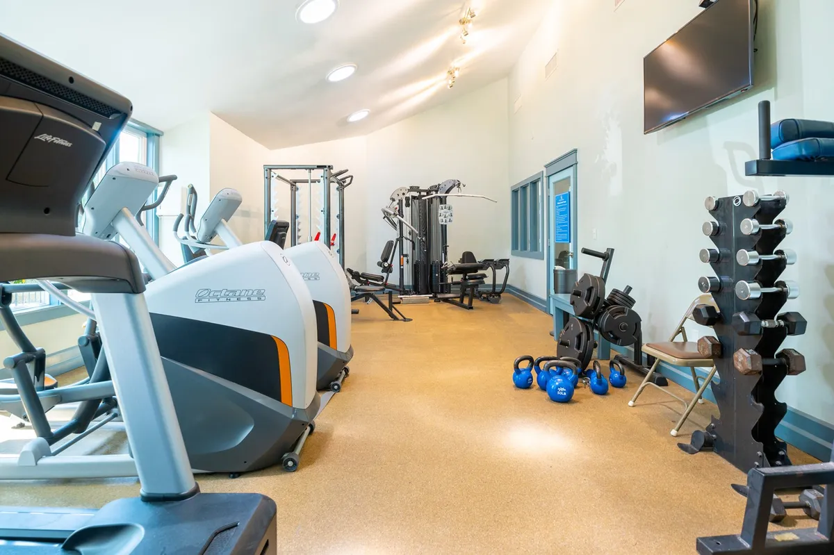 A well-equipped fitness center featuring modern treadmills, weight machines, free weights, and kettlebells. The gym environment is clean, bright, and motivational—offering plenty of space for both individual workouts and group fitness activities.