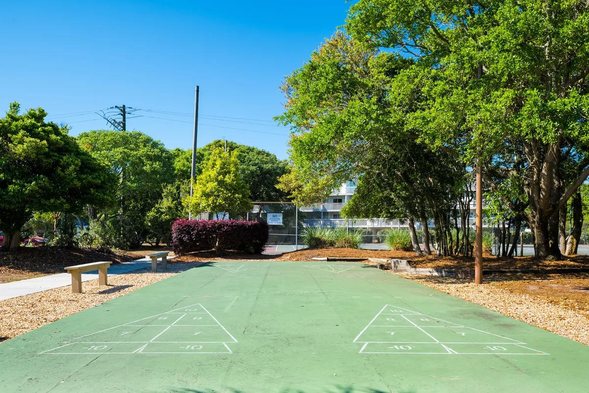 An outdoor shuffleboard court set amidst lush greenery, with benches providing space for spectators or players to relax. The playful and social vibe suggests community and family-friendly fun.